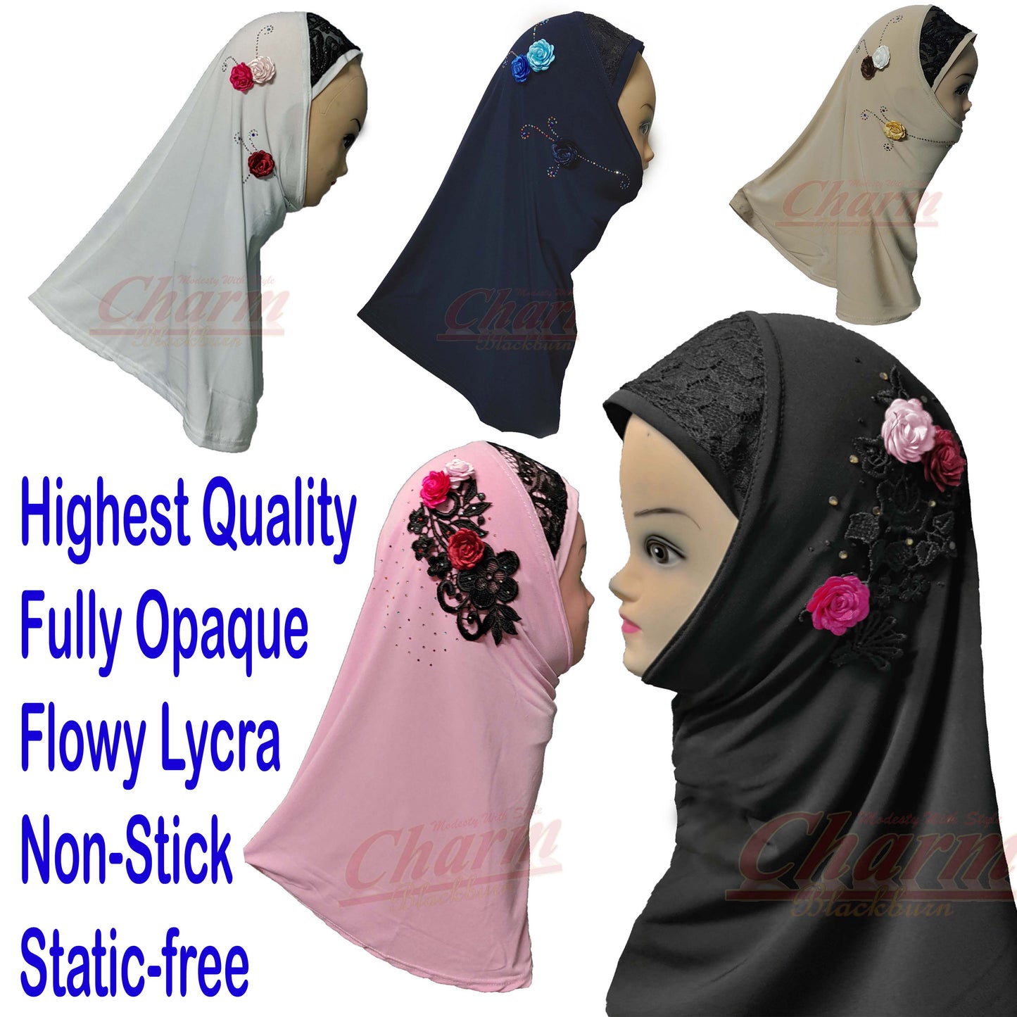 DIAMANTE LYCRA PULLOVER HIJAB BURKHA KHIMAR SCARF CHILDRENS MUSLIM PRAYER CharmBlackburn