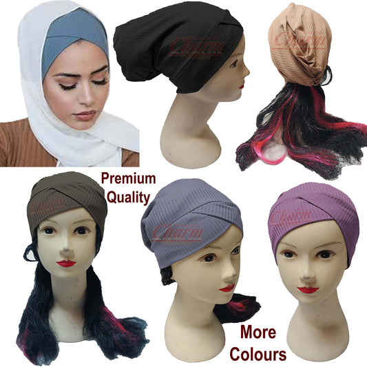 RIBBED PLEATED CAP HAIR LOSS CHEMO BONNET BONE UNDER HAT SCARF HIJAB UNDERCAP CharmBlackburn