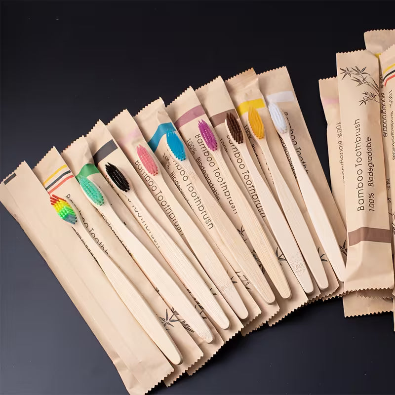 10x Eco-friendly Wooden Handle Bamboo Toothbrush Toothbrushes Plastic-free BIODEGRADABLE PAPER PACKAGING CharmBlackburn